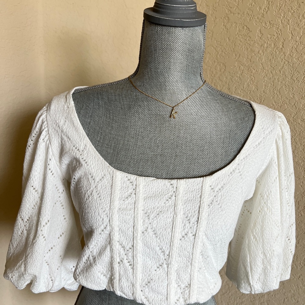 White Square Neck Knit Puff Sleeve Top. Corset style top